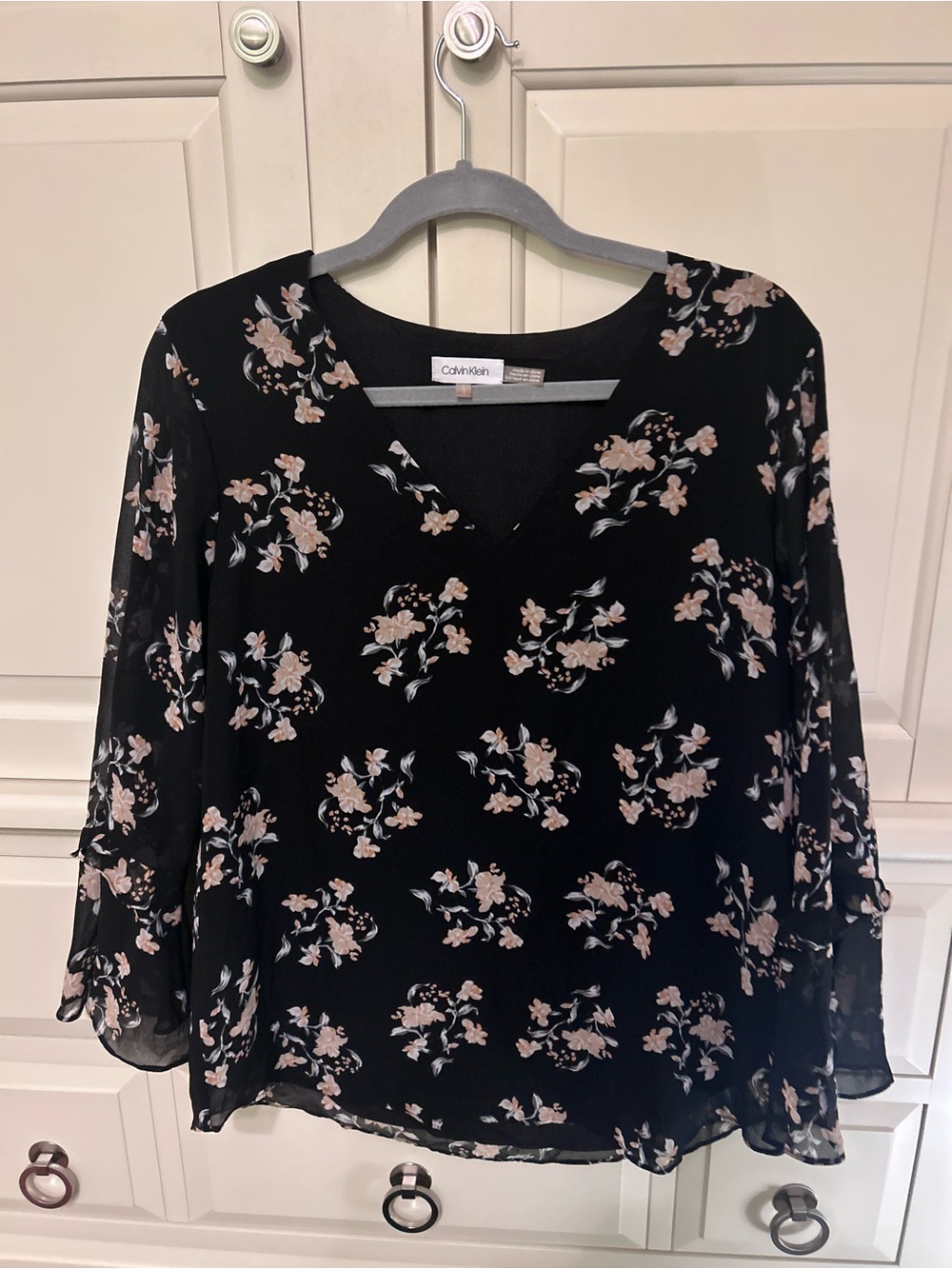 Calvin Klein Black Blouse with Pale Pink Floral Print